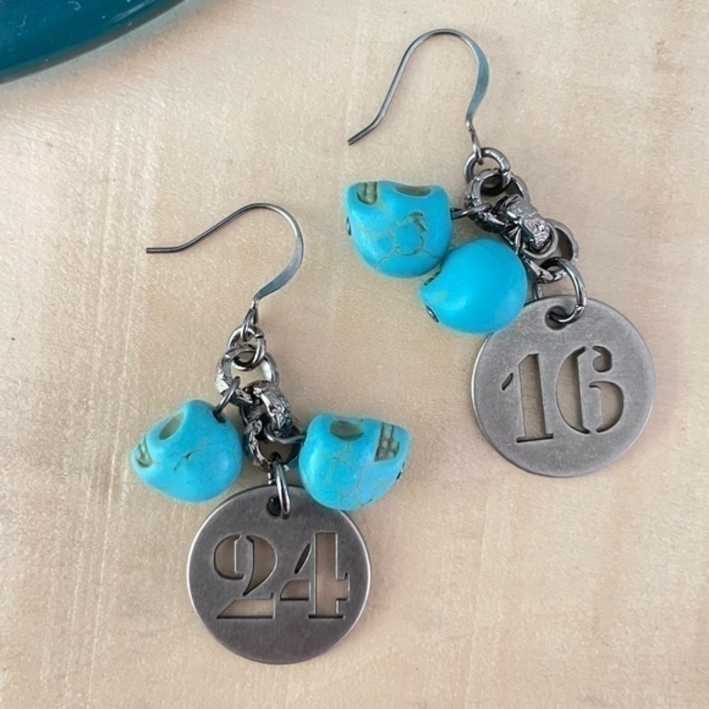 $10 SALE Handmade Blue Skull Stamped Metal Number Earrings 2” Asymmetric NWT - Picture 3 of 4